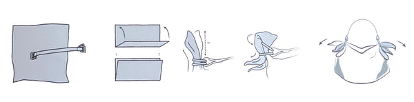 Jigs & Juleps' Origami Tote suggested use. This is a diagram showing how to fold the scarf and attach the strap by passing the ends through both rings and back through the top ring. 